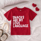 Gliglittr Toddler Girl Boy Valentines Day Shirt Snacks Are My Love Language Funny Cute Letter Kids T-Shirts Graphic Outfit(Red,1