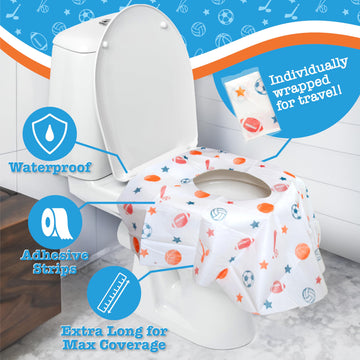 Potty Shields Toilet Seat Covers Disposable (12 Pack, Sports) - Xl Waterproof Toilet Cover For Toddlers, Kids & Adults - Portabl