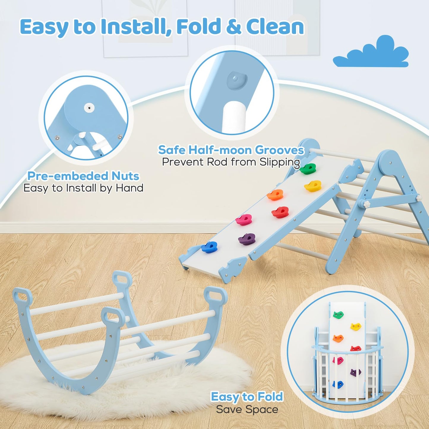 Funlio Foldable Pikler Triangle Set, Montessori Climbing Set With Solid Wood For Toddlers 2-6 Yrs, Adjustable 3-In-1 Indoor Play