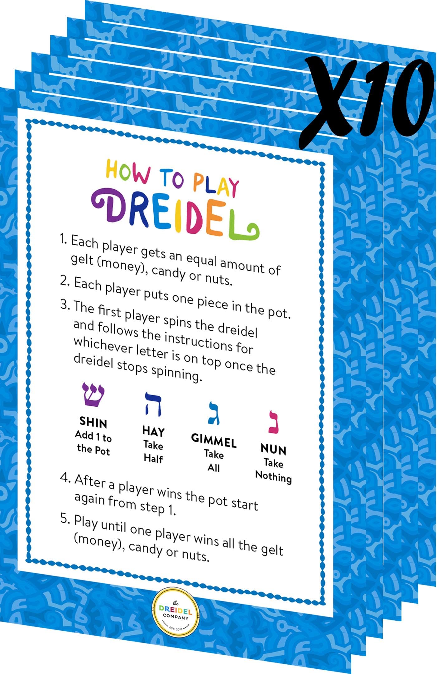 The Dreidel Company Metallic Silver & Blue Hanukkah Dreidels With English Translation- Includes Detailed 10 Game Instruction Car