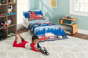 Everyday Kids 4 Piece Toddler Bedding Set -Fire And Police Rescue- Includes Comforter, Flat Sheet, Fitted Sheet And Reversible P