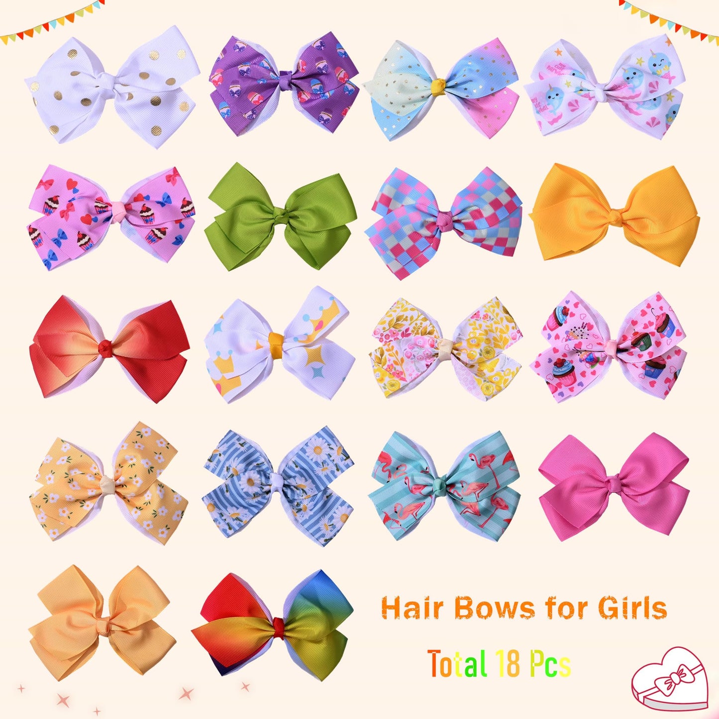 Eygla 18 Pcs 5 Inch Hair Bows For Girls, Rainbow Hair Bows Alligator Clips - Handmade Grosgrain Ribbon Bows For Little Girls Tod