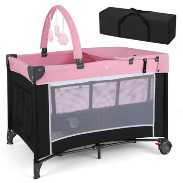 HONEY JOY Pack and Play, 4 in 1 Folding Infant Playpen with Bassinet, Quickly Assembled, Breathable Mesh Fabric, Carry Bag, Diap
