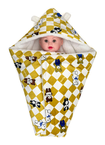 CTMKIDS Soft Kids AC Blanket/Baby Wrapper/Crib Hooded Baby Wrap for Kids 74 X 74 CM Cartoon Print/Lightweight/Mustard (CTMFroze
