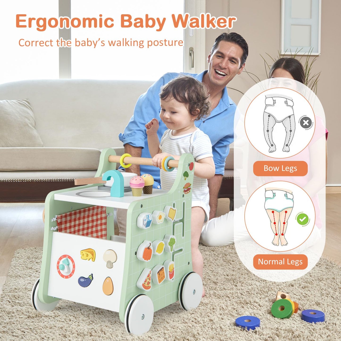 HONEY JOY Baby Push Walker, 6-in-1 Wooden Play Kitchen Walker Activity Center w/Shape Sorter, Develop Motor Skills & Creativity,