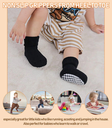 Lanleo Baby Girls Boys Non Slip Socks With Grips Toddler Kids Unisex Warm Thick Cotton Ankle Crew Socks With Grippers 6 Pairs Bl