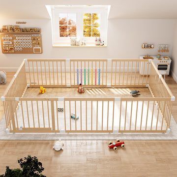 IKALIFE Extra Large Wooden Baby Playpen - Size Adjustable Fence for Babies and Toddlers, Baby Play Yard with Locking Gate, Indoo