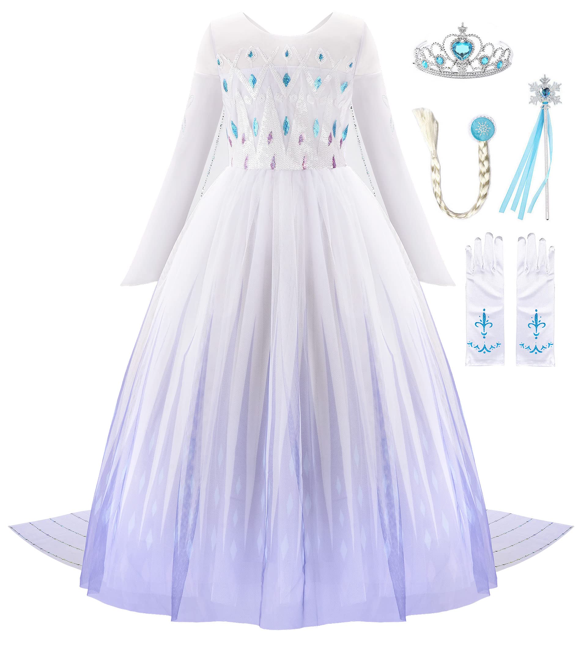 Jerrisapparel Girl Princess Costume Snow Party Dress Halloween Cosplay Dress Up (6, White With Accessories)