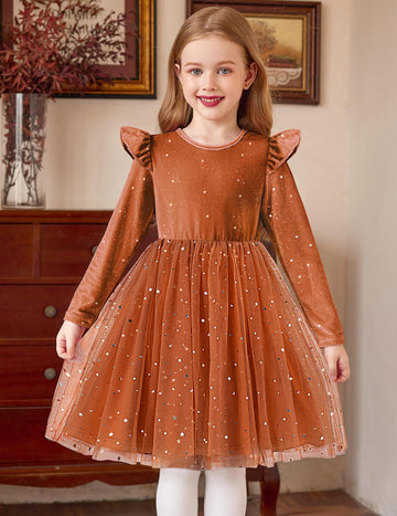 Arshiner Brown Dress Girls Velvet Tulle Tutu Fall Long Sleeve Casual Outfit Brown Sequin Size 6