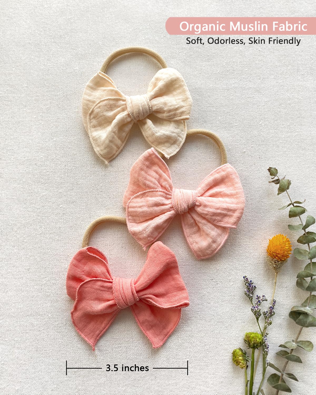 Cherssy Baby Girl Muslin Headbands, 3.5' Cotton Hair Bows Nylon Hairbands For Newborns, Infants, Toddlers - 6Pcs