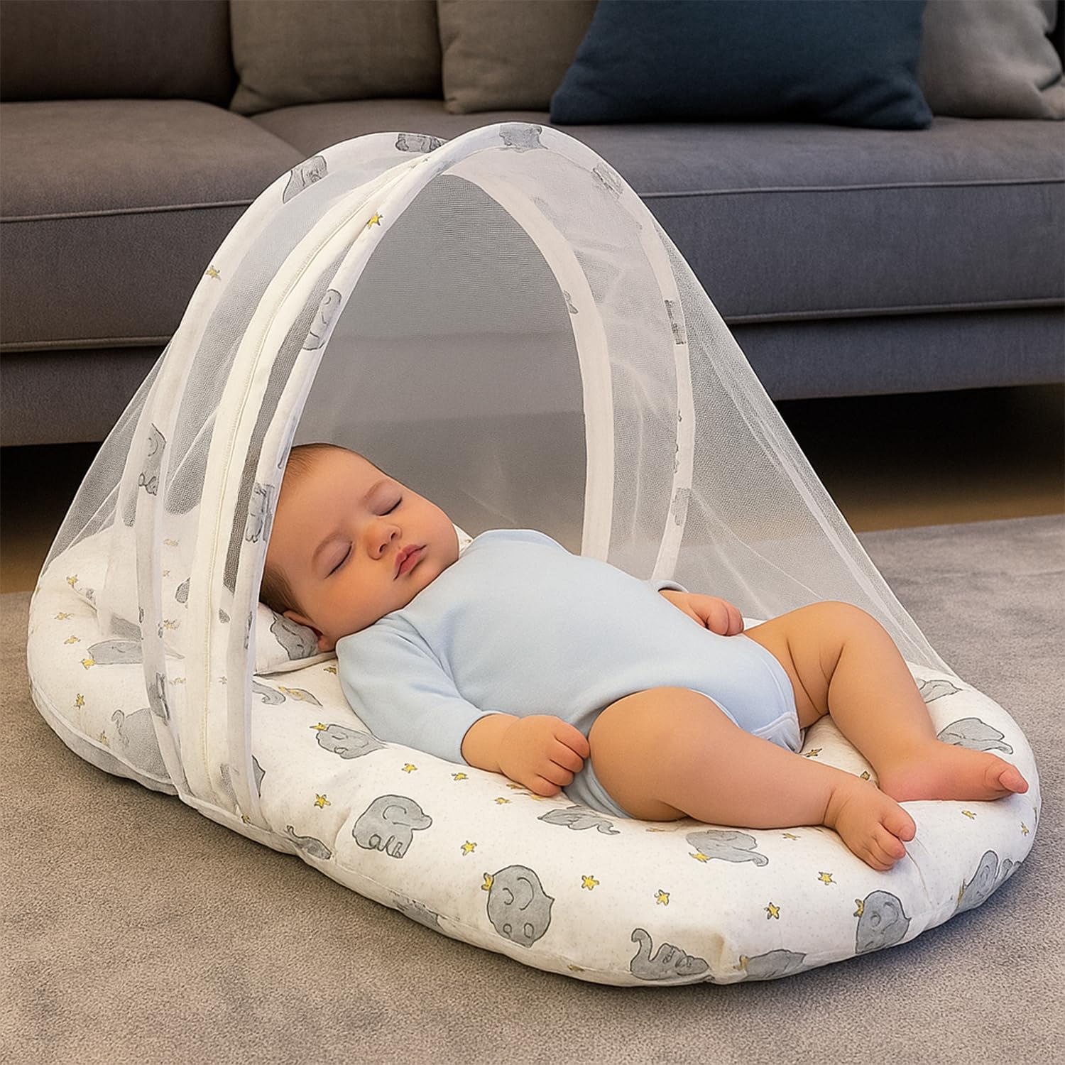 Babypro Mattress For Newborns, Mosquito Net With Zipper, Foldable, Lightweight & Portable For Travel, Up To 12 Months (Grey & Wh