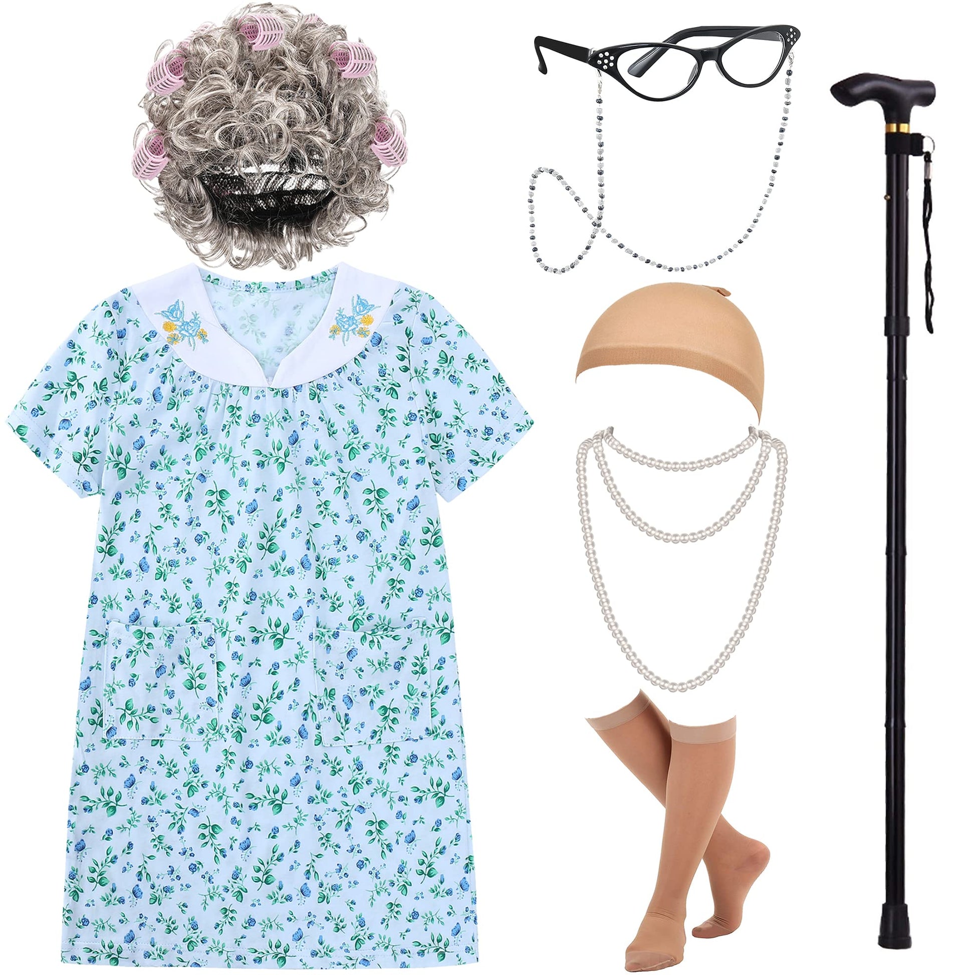 Ebytop Old Lady Costume For Kids, 100 Days Of School Costume Girls Halloween Granny Dress Up Wig Little Grandma Glasses Cane 100