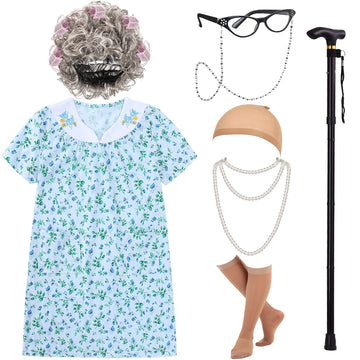 Ebytop Old Lady Costume For Kids, 100 Days Of School Costume Girls Halloween Granny Dress Up Wig Little Grandma Glasses Cane 100