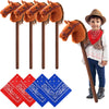 Poen 8 Pcs Light Brown Horse Stick with Sound Red and Blue Bandana Set 27.6 Toys Stick Horse Western Cowboy Bandana Horse Head