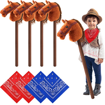 Poen 8 Pcs Light Brown Horse Stick with Sound Red and Blue Bandana Set 27.6 Toys Stick Horse Western Cowboy Bandana Horse Head