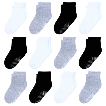 Hyzgb Toddler Socks Boys 3T 4T 5T With Grip 12 Pairs Little Kids Socks Non Slip Cotton Crew Toddler Grippers Socks Birthday Gift