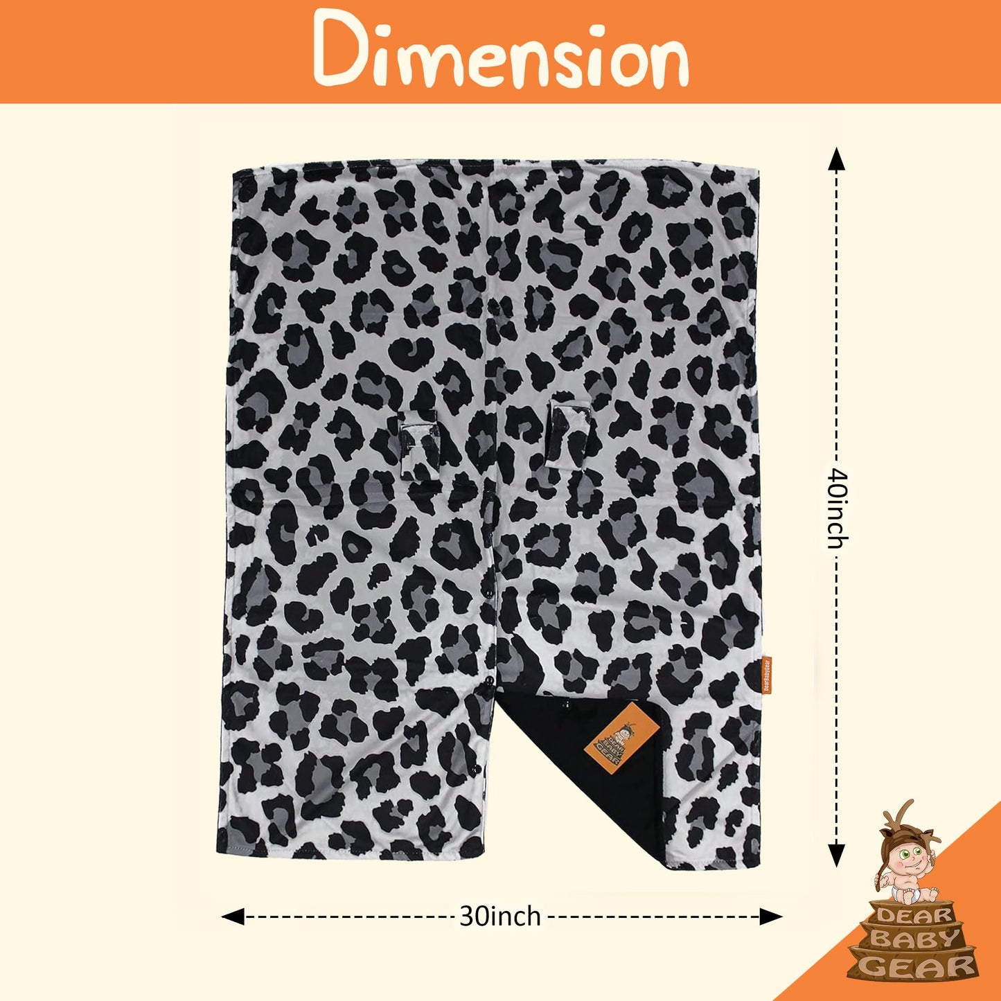 Dear Baby Gear Deluxe Car Seat Canopy, Double Layer, Gray Leopard Print, Black Smooth, 40 X 30 Inches, Custom Print Lightweight