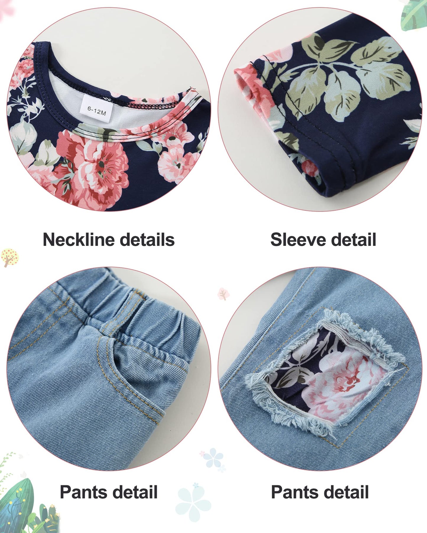 Caretoo Girls Clothes Outfits, Cute Baby Girl Floral Long Sleeve Pant Set Flower Ruffle Top Dark Blue