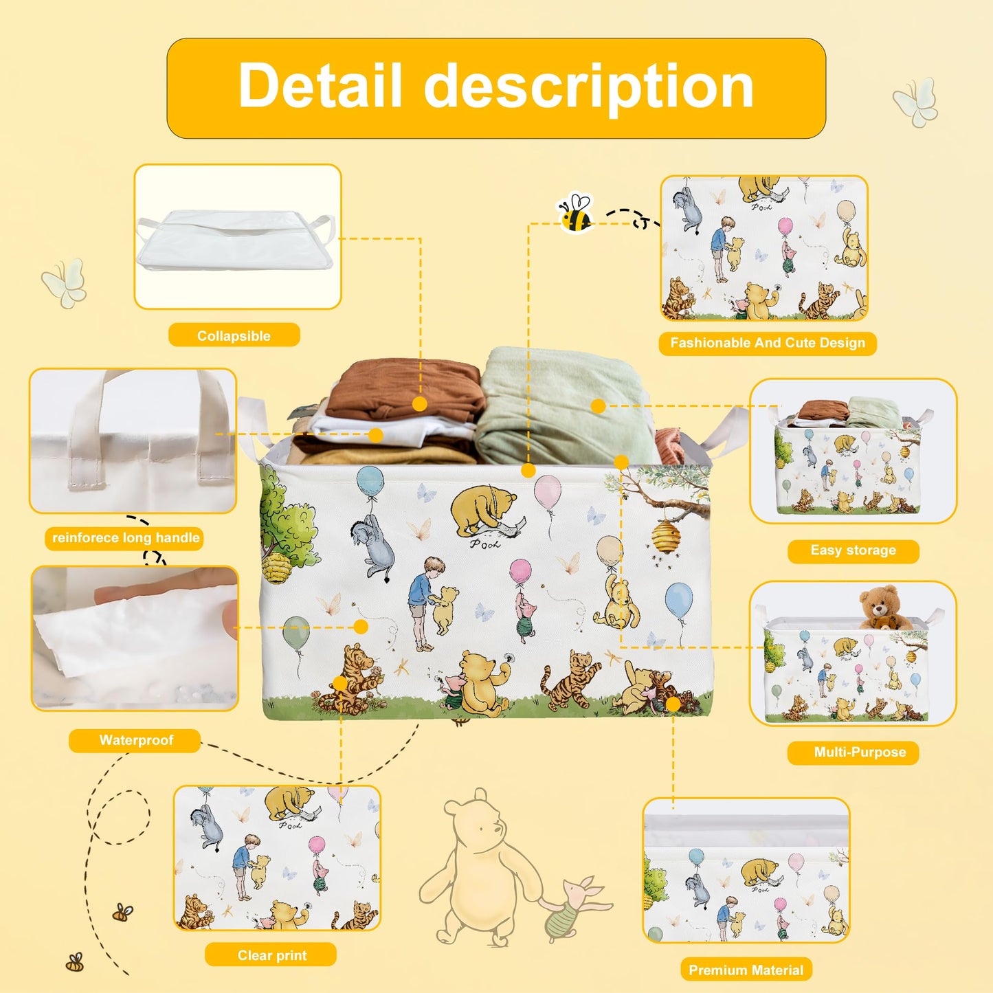 Zsatuiy Winnie Baby Stuff,Winnie Storage Nursery Basket, Large Squarecanvas Laundry Hamper With A Waterproof Pecoating, Foldable