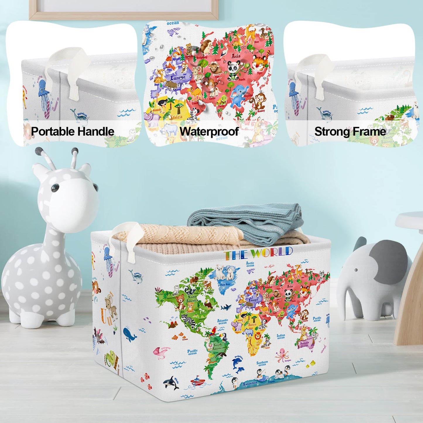 Clastyle Back To School World Map Storage Bin Alphabet Animals Baby Gift Basket Playroom Nursery Kid Toy Basket Organizer Rectan