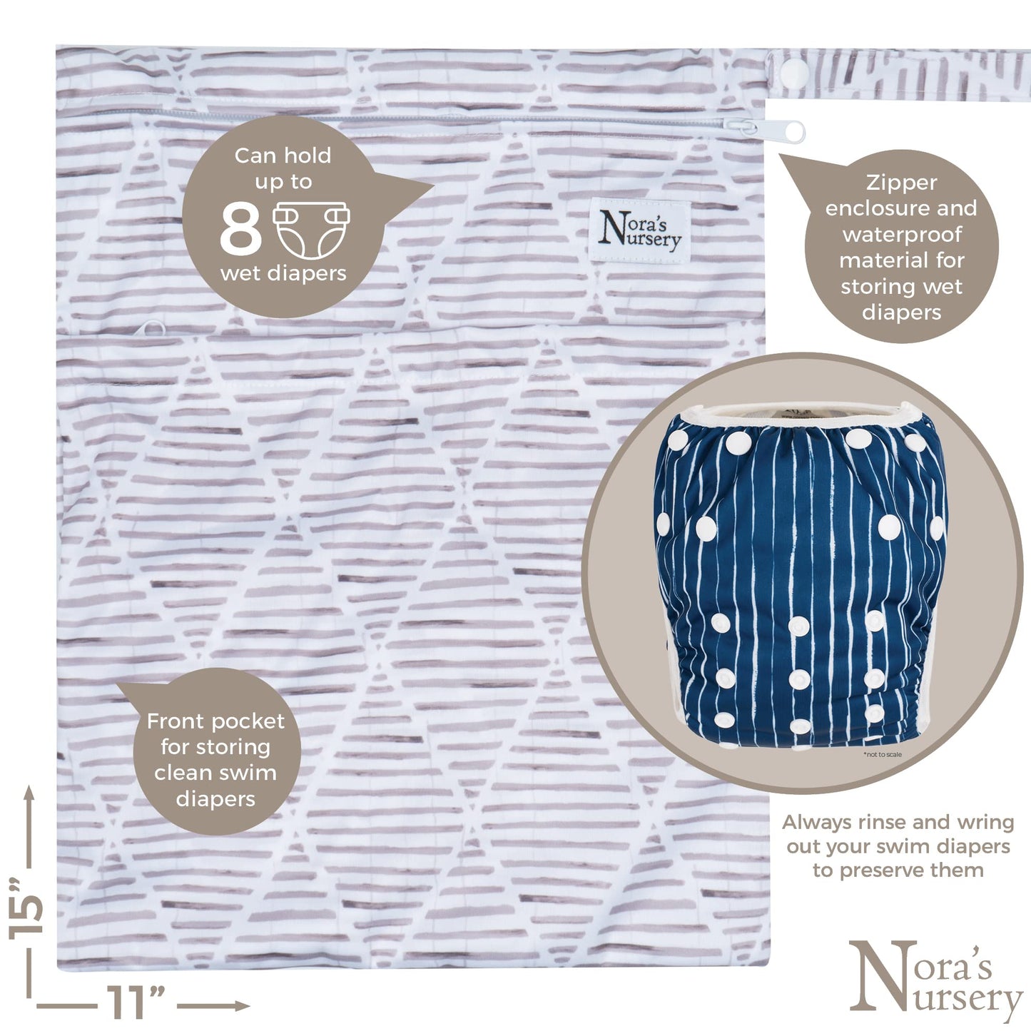 Noras Nursery Reusable Swim Diapers and Wet Bag - One Size Fully Adjustable - Seaside Unisex 3 Pack with Wet Bag