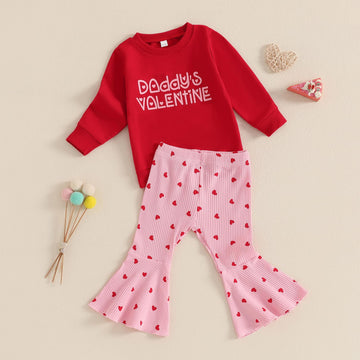 Iddolaka Toddler Baby Girls Valentines Day Outfits Long Sleeve Letter Sweatshirt Shirt Heart Flared Pants Spring Clothes (B-Prin