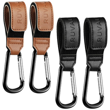 RUVALINO Leather Stroller Hooks for Diaper Bag and Stroller Organizer - Stroller Strap with Large Carabiner Clip for Bags - Acce