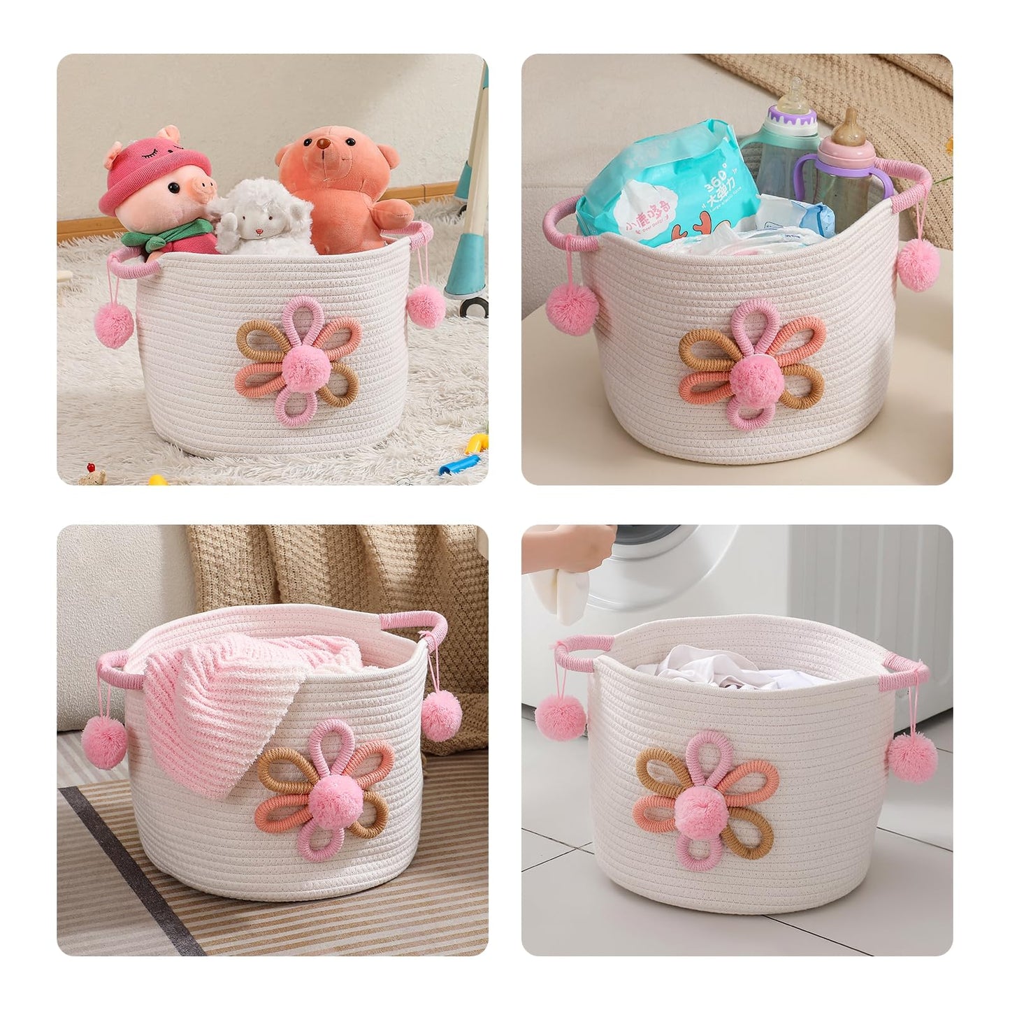 Inough Pink Cotton Rope Storage Basket With 3D Flower For Kids, Blanket Baskets For Living Room Toys Organizer With Handle Woven