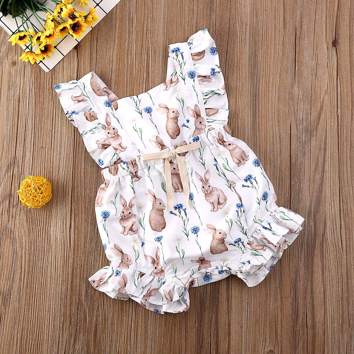 Lamuusaa Infant Baby Girls Easter Bunny Romper Ruffled Sleeveless Bodysuit One-Piece Jumpsuit Shorts Summer Outfits 3-18M (White