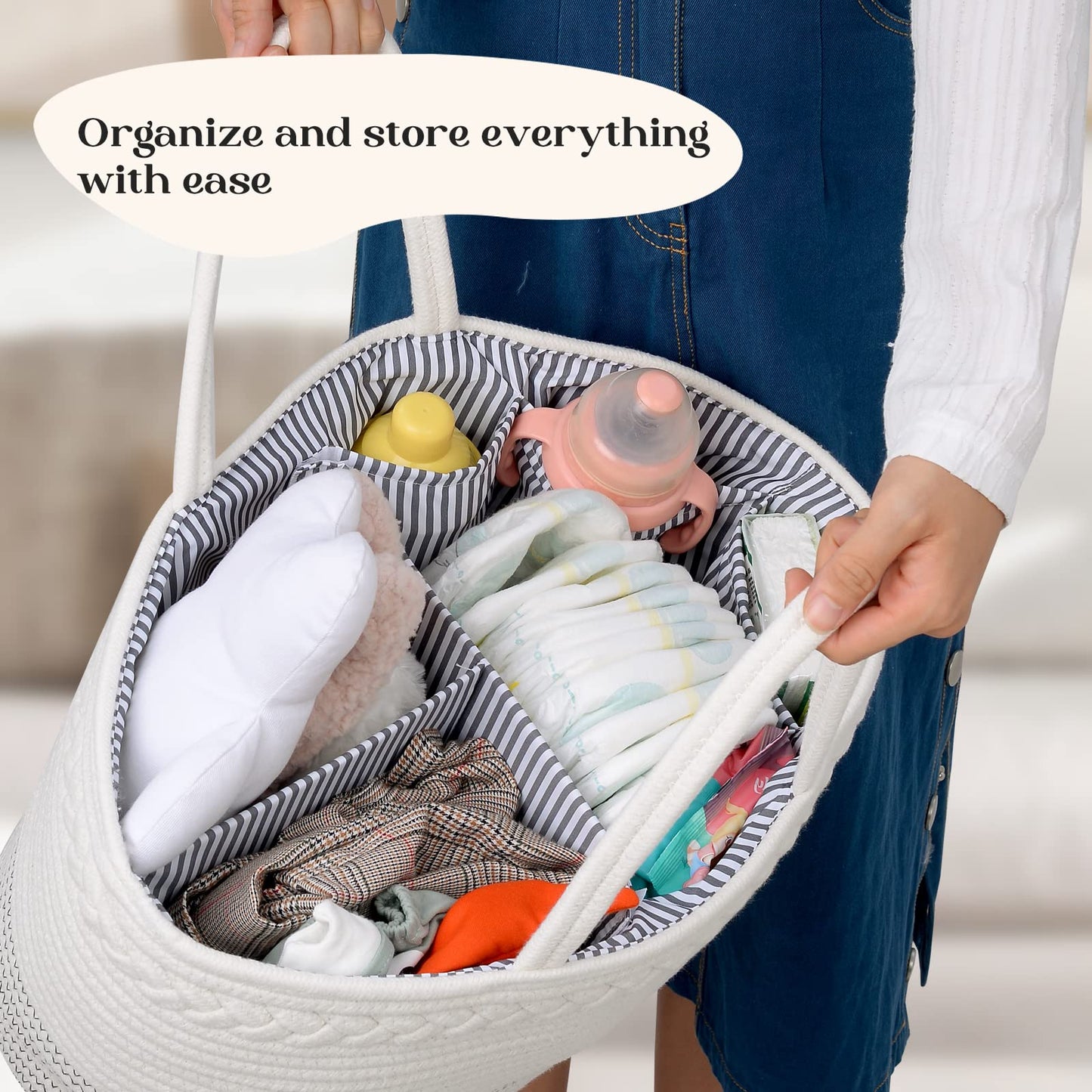 Luxury Little Diaper Caddy Organizer, Extra Large Cotton Rope Nursery Basket, Changing Table Organizer For Baby Diaper Storage,