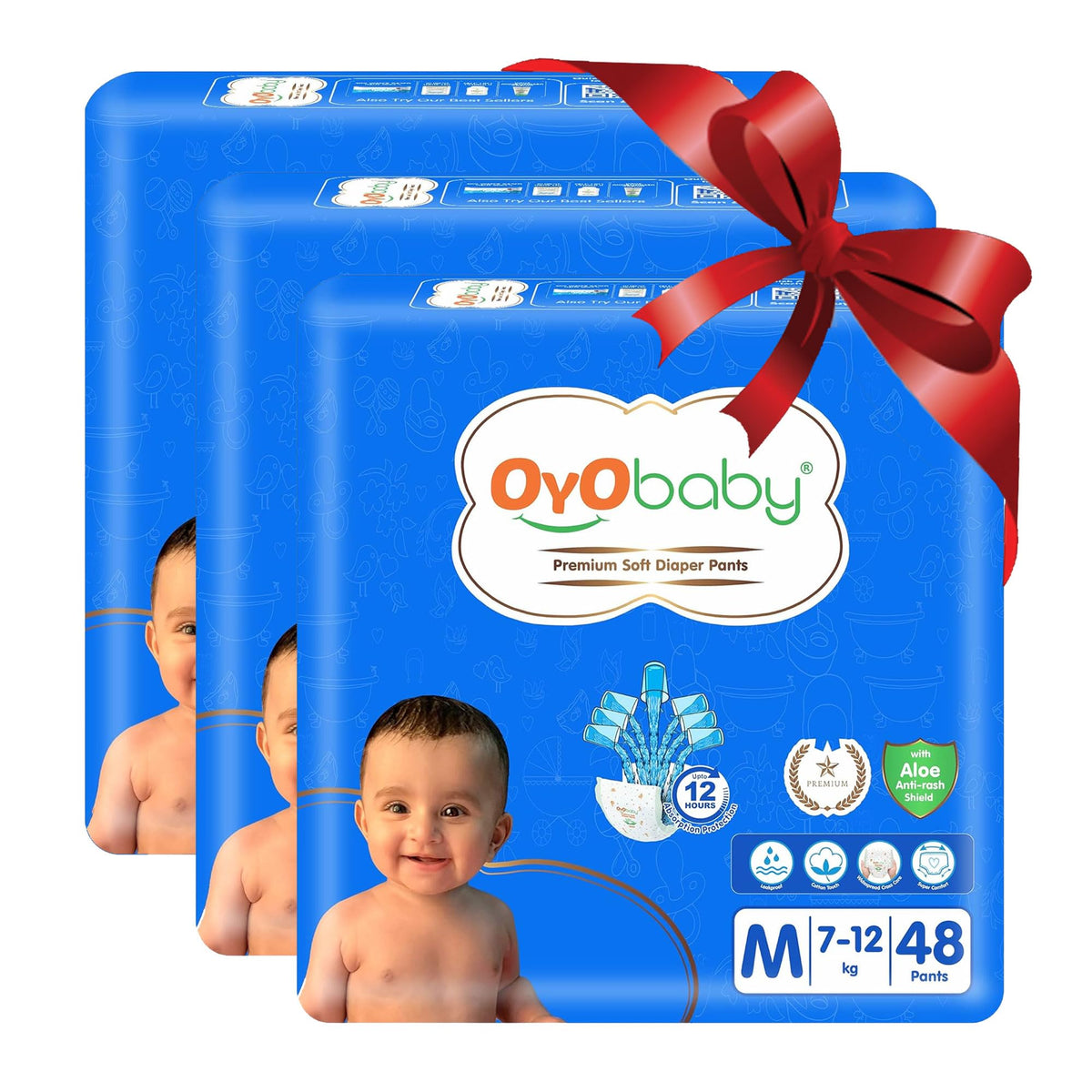 Oyo Baby Pant Style Baby Diapers, Pack Of 3  Medium (M), 48 Count, For Babies 712Kg, With Aloe Vera Lotion For Rash Protection