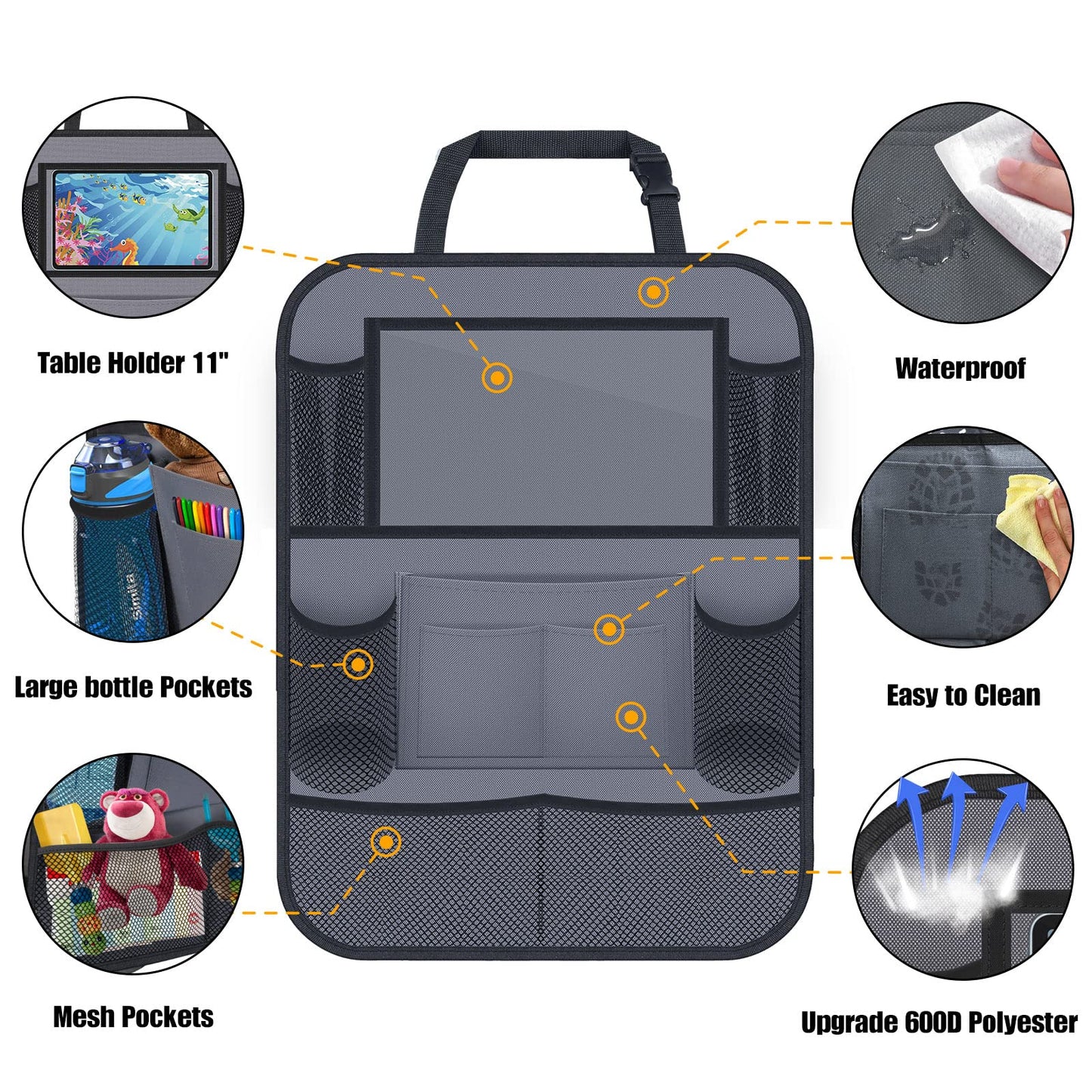 ULEEKA Car Backseat Organizer with 11 Table Holder, 10 Storage Pockets Seat Back Protectors Kick Mats for Kids Toddlers, Travel