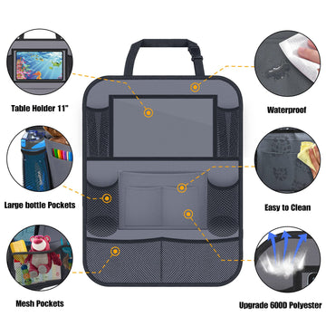 ULEEKA Car Backseat Organizer with 11 Table Holder, 10 Storage Pockets Seat Back Protectors Kick Mats for Kids Toddlers, Travel