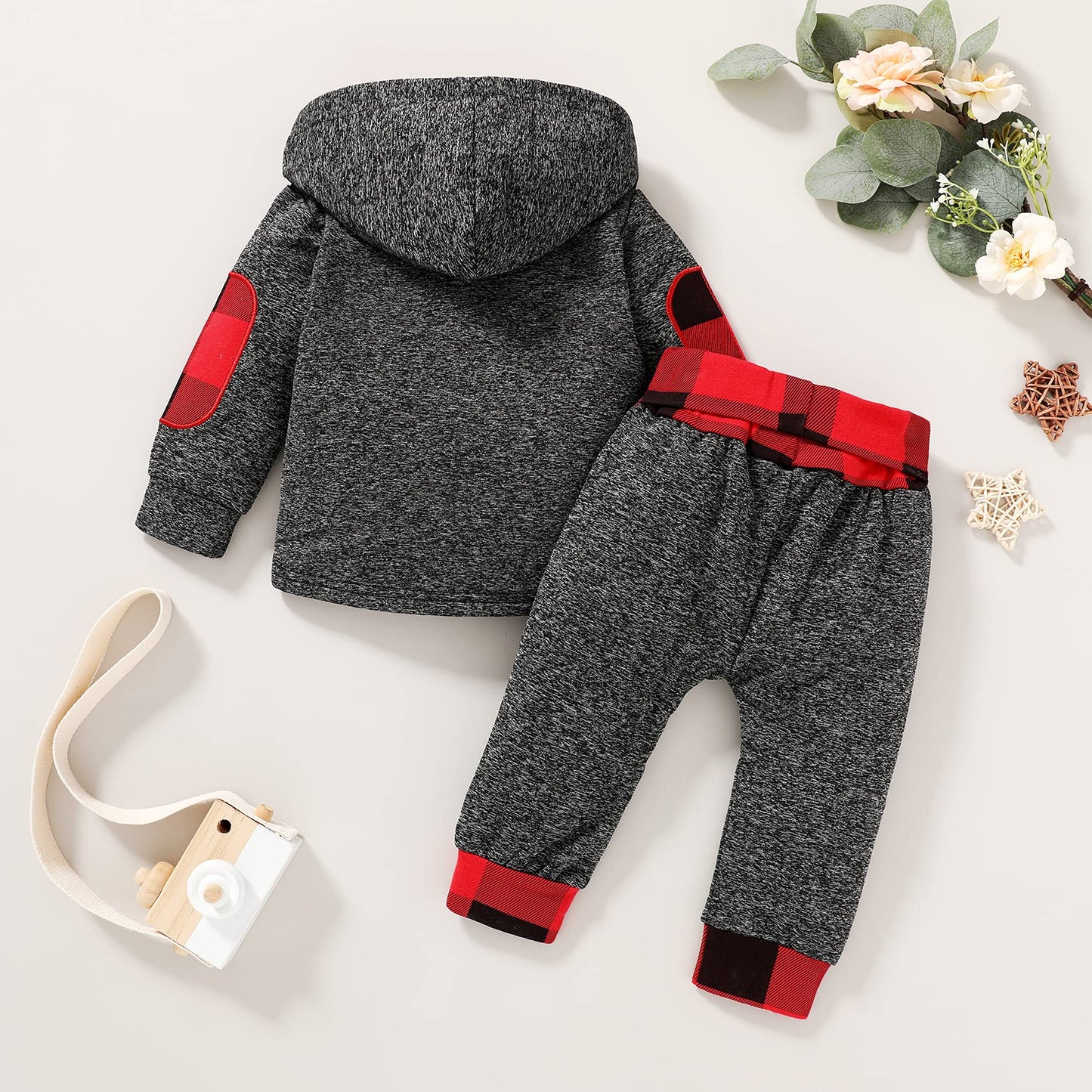 Konight Kids Toddler Infant Baby Boys Girls Winter Outfit Christmas Plaid Hoodie Sweatshirt Jackets Shirt+Pants Xmas Clothes Set