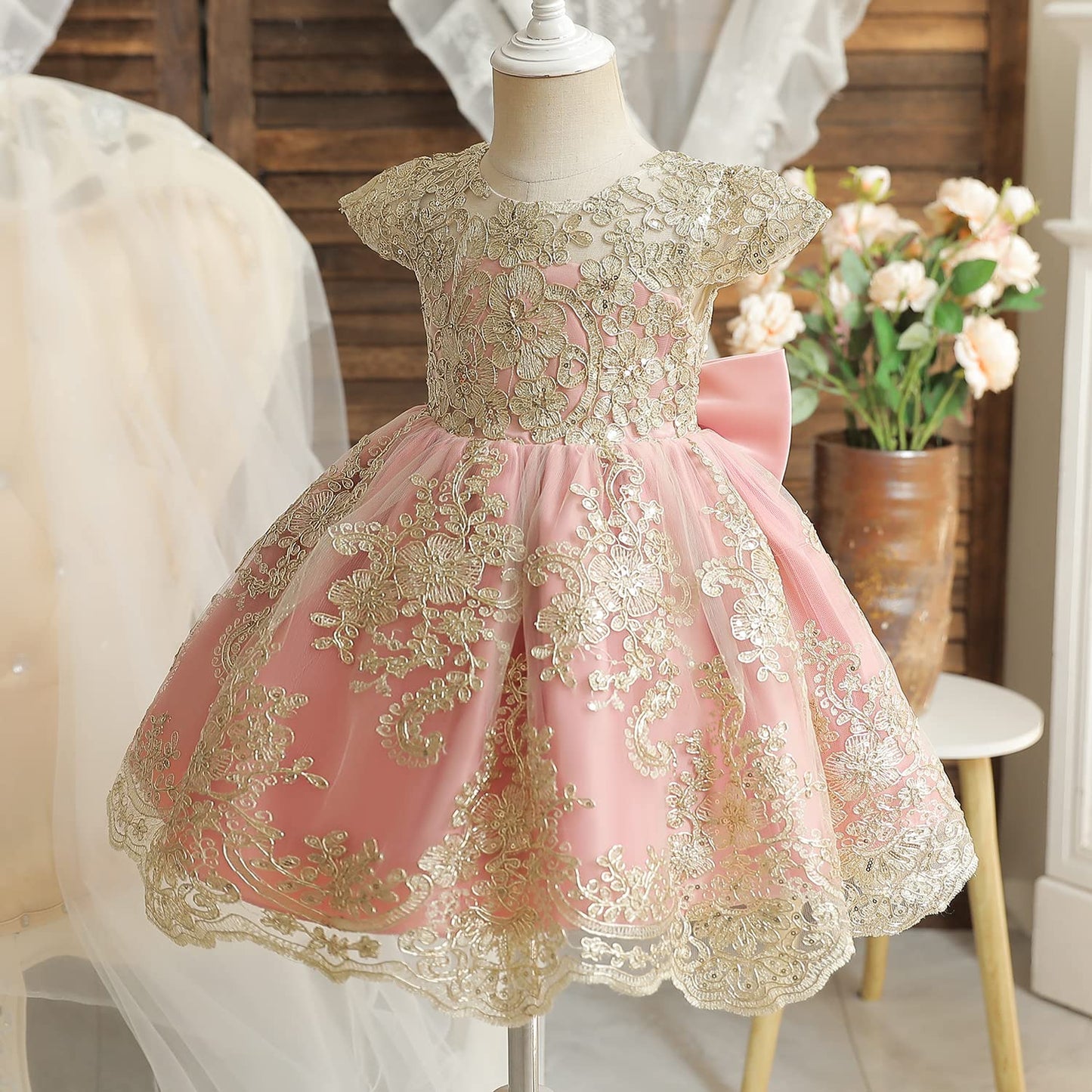 Nnjxd Baby Girl Dress Flower Embroidery Princesstutu Pageant Party Gown 2006 Pink Size(90) 12-18 Months