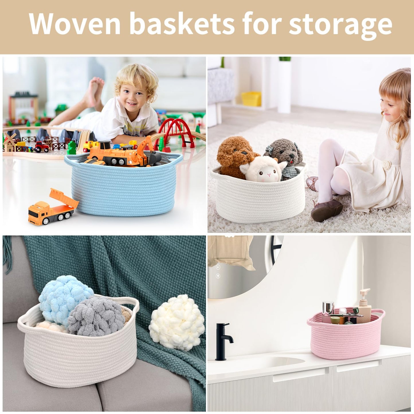 Cute Woven Storage Basket With Handle, Container For Gifts Empty, Decorative Organizer Bins Box For Pet Dog Toys Baby Essentials