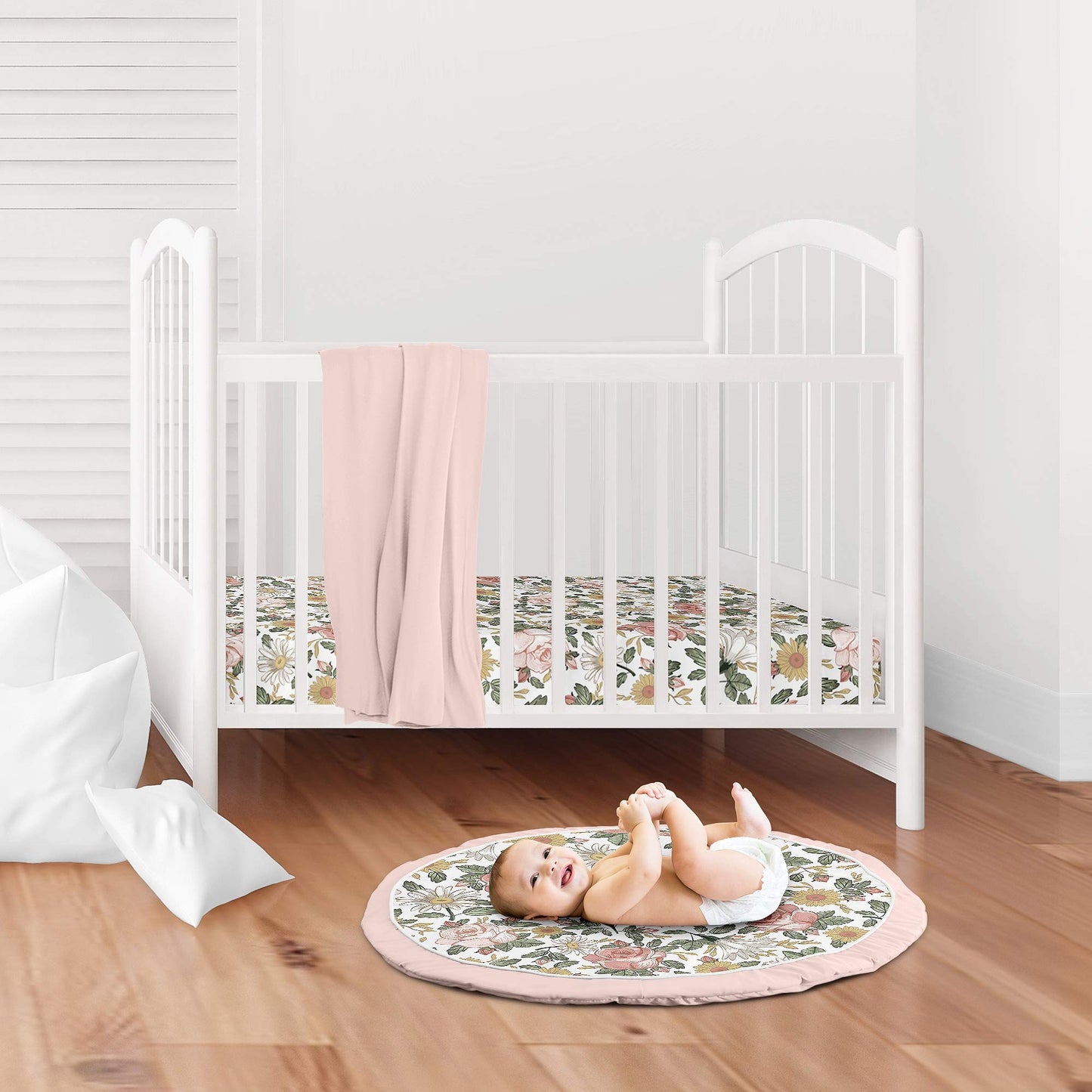 Sweet Jojo Designs Vintage Floral Girl Baby Playmat Tummy Time Infant Play Mat - Blush Pink, Yellow, And Green Boho Shabby Chic