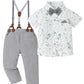 Toddler Dress Shirt With Bowtie Suspender Pants Outfit Printed Shirt Grey Suspender Pant 4T 5T 4-5T
