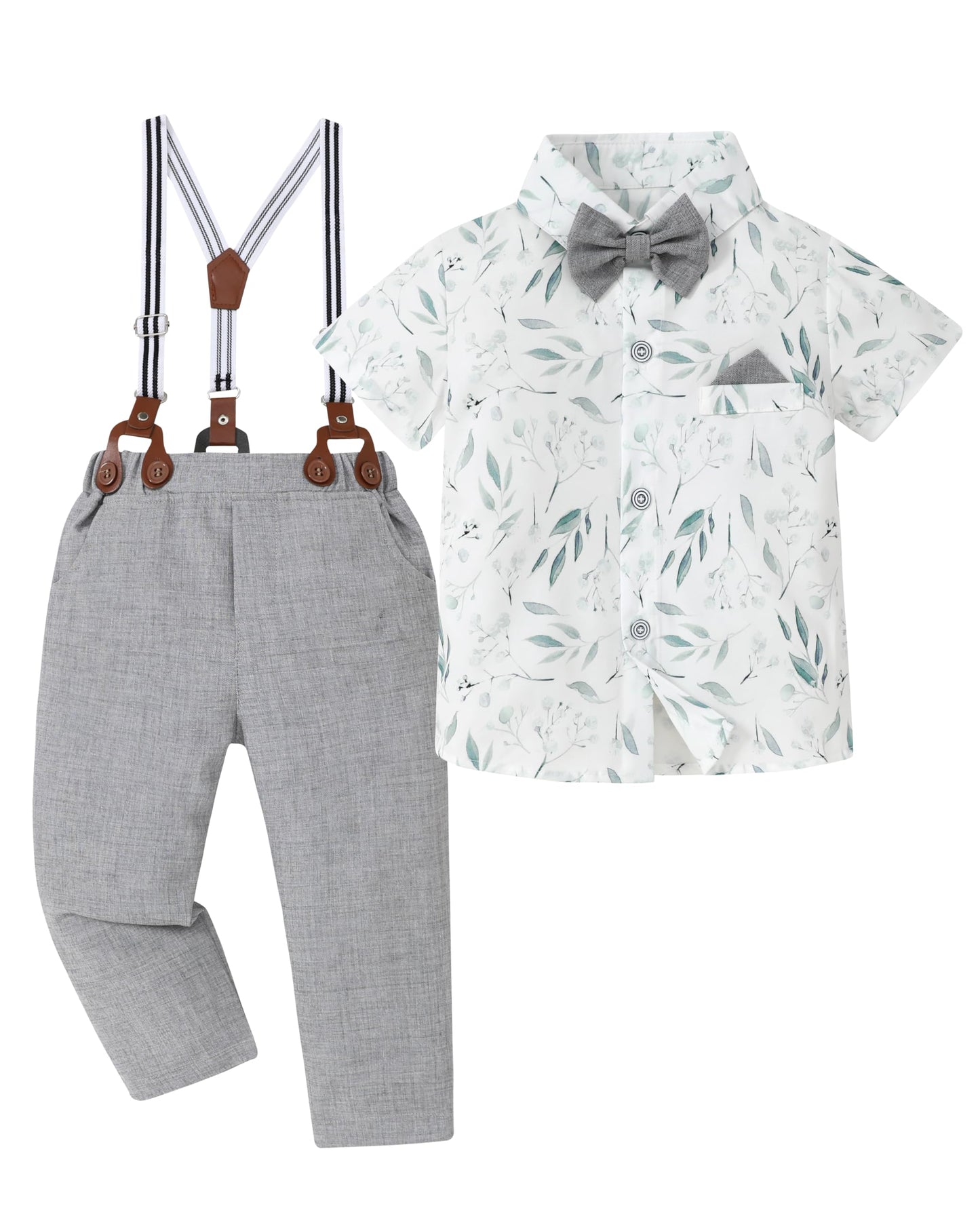 Toddler Dress Shirt With Bowtie Suspender Pants Outfit Printed Shirt Grey Suspender Pant 4T 5T 4-5T