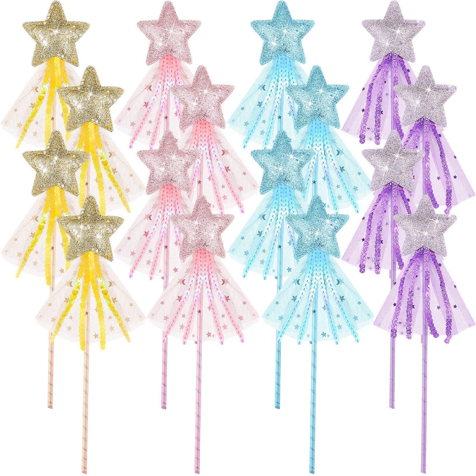 Skylety 32 Pcs Fairy Wands Star Glitter Princess Wands for Girls Kids Princess Party Favors Angel Sticks with Ribbon Costume Pro