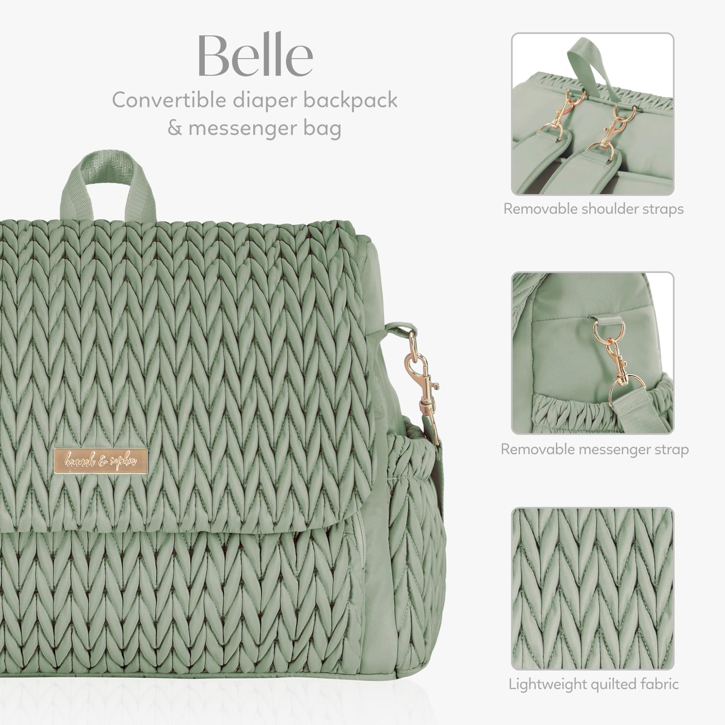 Hannah & Sophia Belle Convertible Baby Diaper Backpack & Bag In Sage Green, Large Size, Dual Sided Water Resistant Changing Mat