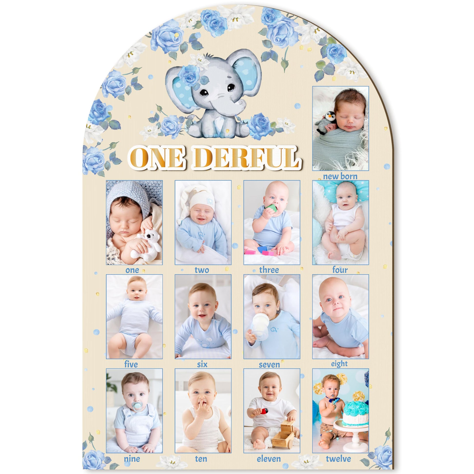 R HORSE My First Year Photo Display Wood Board - 3D Blue Elephant Baby s First Year Picture Frame, 12 Months Milestone Board Ne