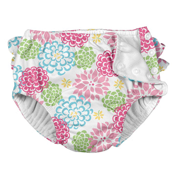 Ruffle Snap Reusable Absorbent Swimsuit Diaper-White Zinnia-18Mo