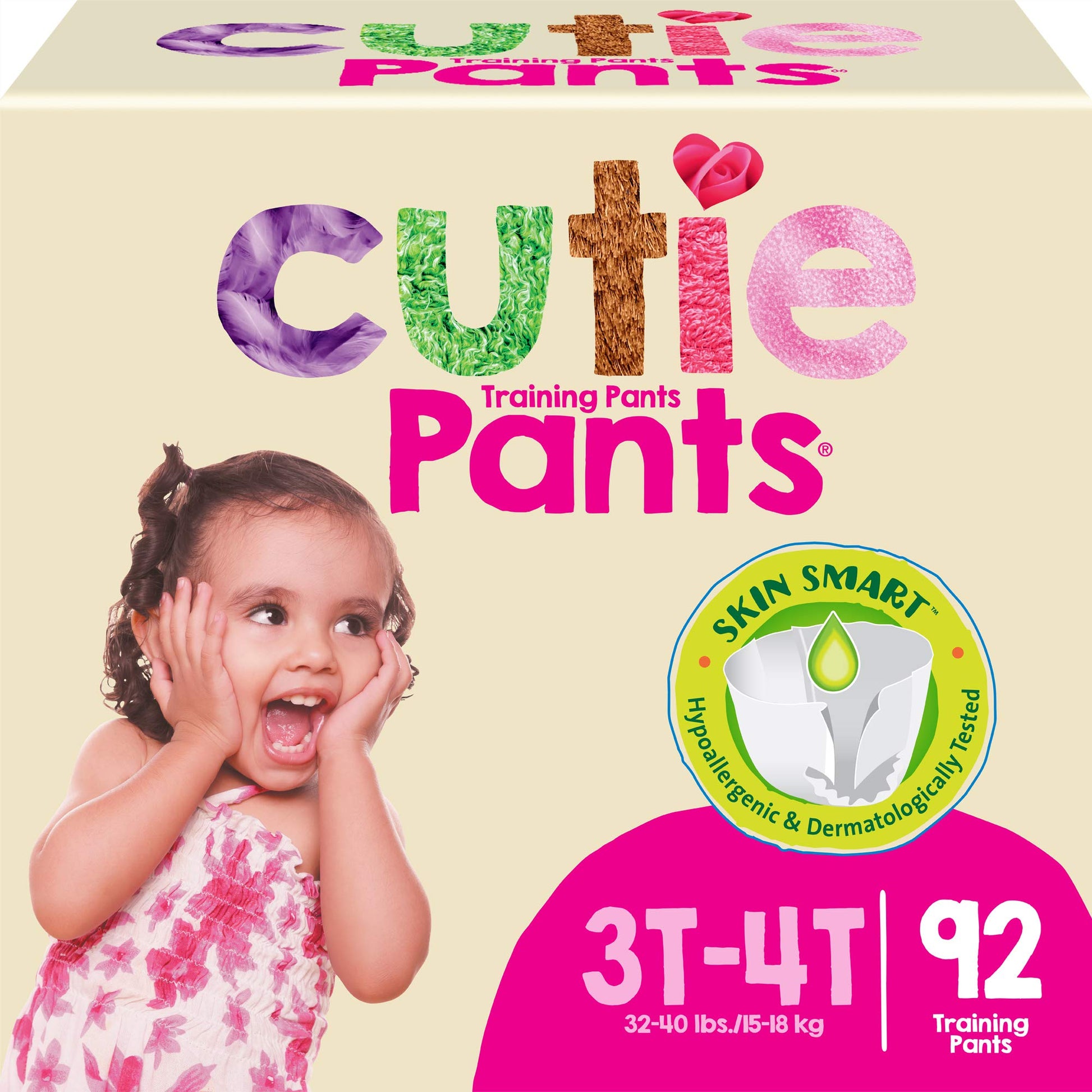 Cutie Girls 3T/4T Refastenable Potty Training Pants, Hypoallergenic With Skin Smart, 92 Count