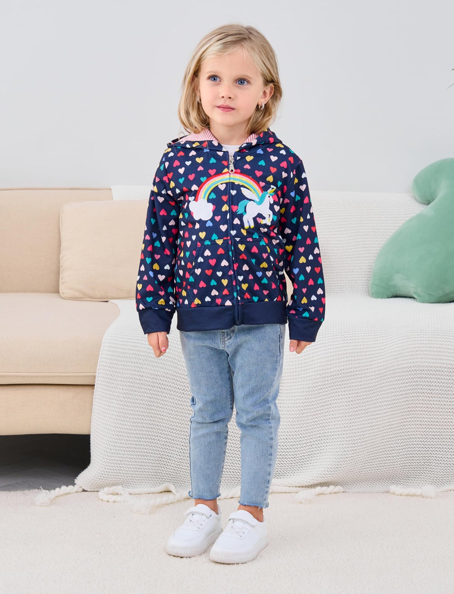 Popshion Baby Girls Unicorn Sweatshirt Valentine'S Day Kids Heart Print Fall Jacket Zip Up Toddler Hooded Coats Rainbow Hoodie O