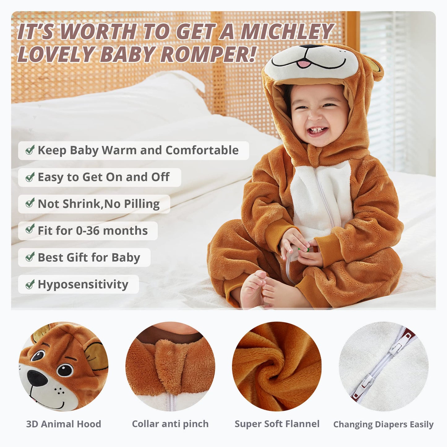 Michley Baby Animal Costume Toddler Hooded Romper For 12-18 Months, Halloween Cosplay Jumpsuit, Bear
