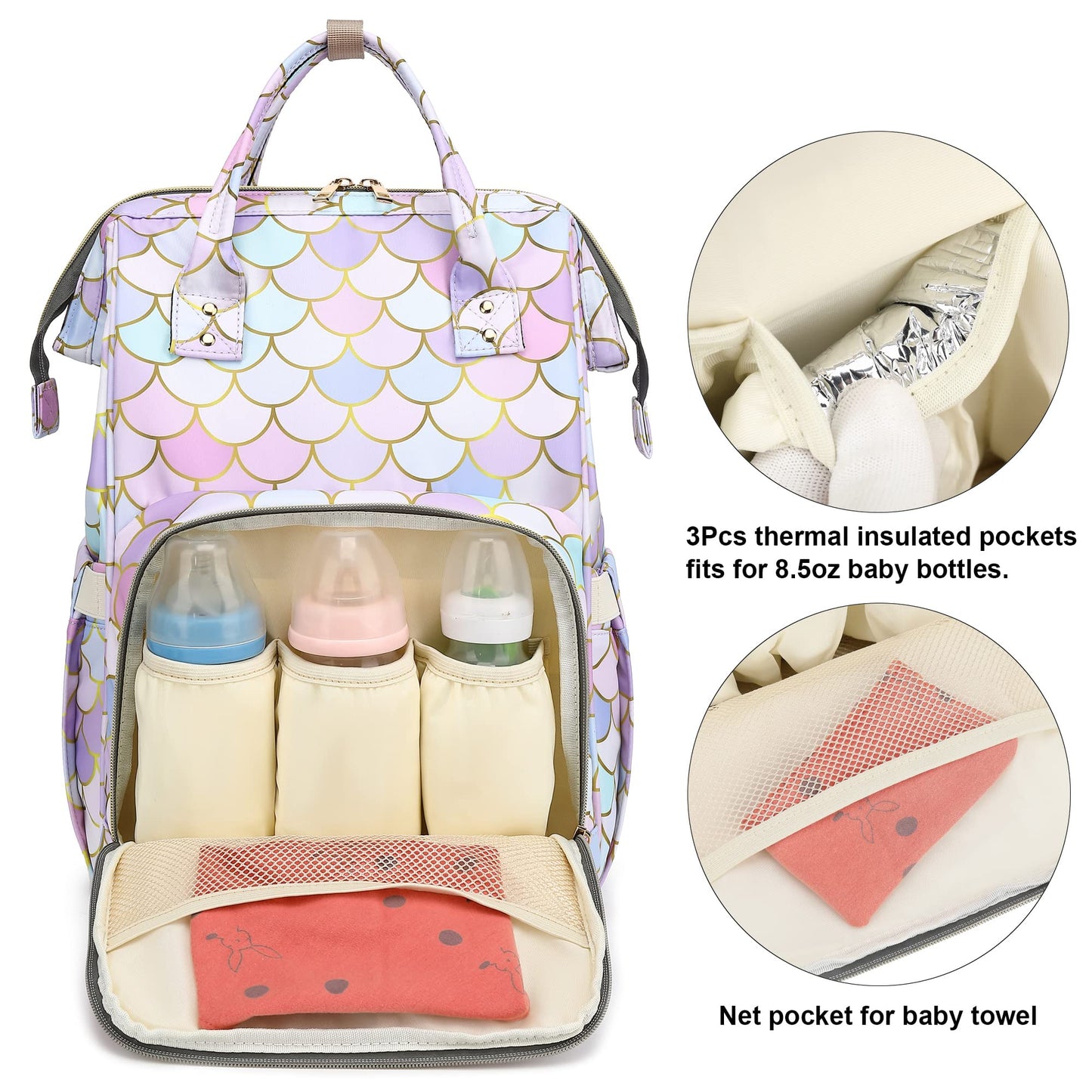 Yusudan Mermaid Diaper Bag Backpack For Baby Boys Girls, Waterproof Large Nappy Bags For Mom & Dad