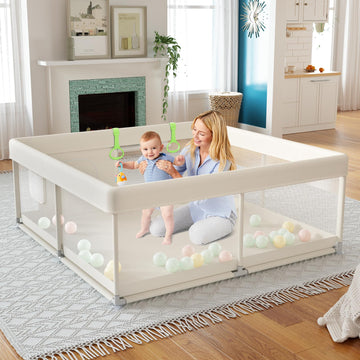 Fodoss Baby Playpen, Upgrade Playpen For Babies And Toddlers, 47X47X26Inch Beige Play Pen For Babies With Hand Pulling Ring, Pla