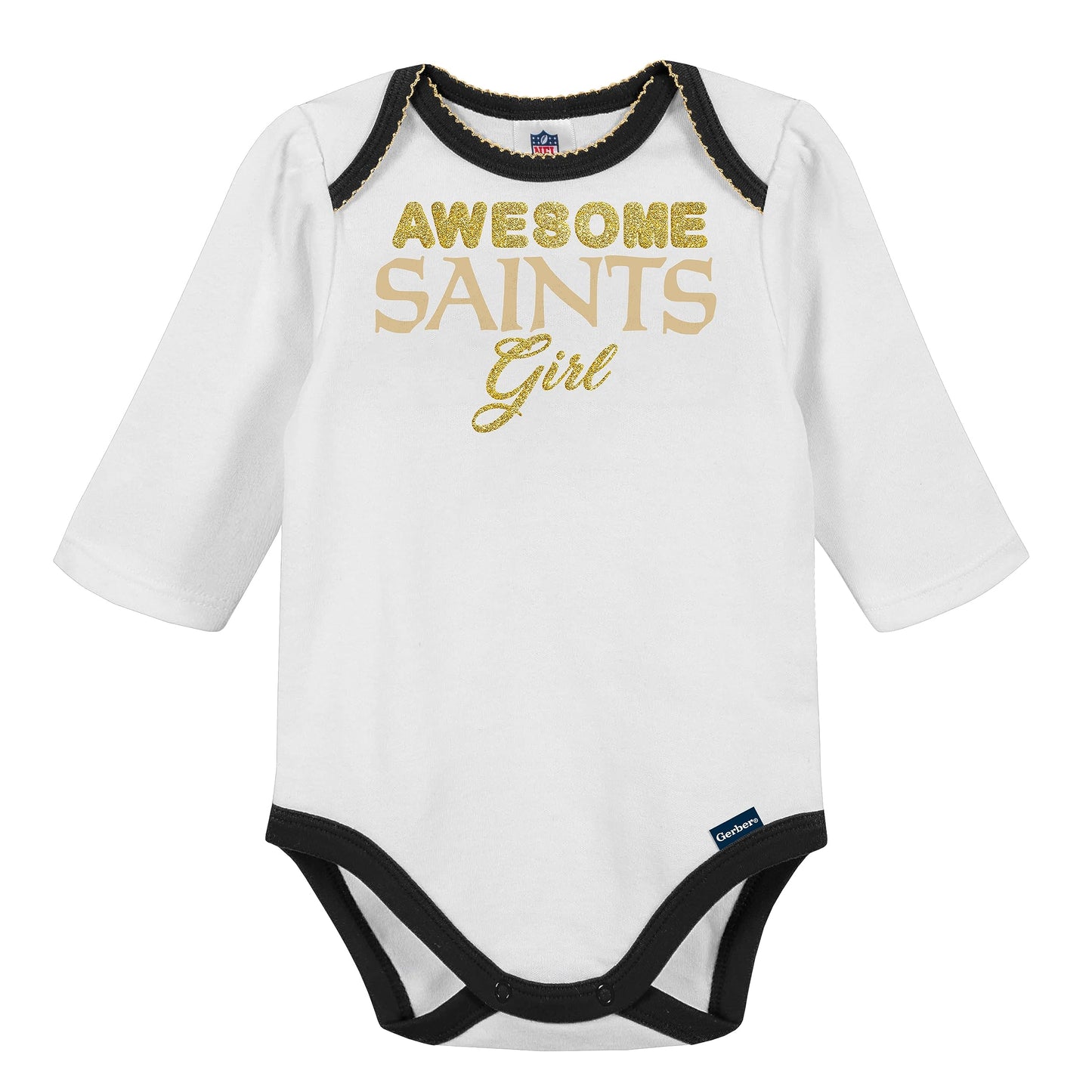 Gerber Nfl New Orlean Saints 3 Pack Bodysuit Footed Pant And Cap Registry Gift Set, Black/White New Orlean Saints, 0-3M