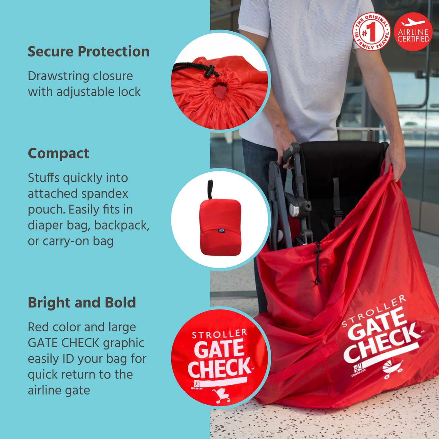 J.L. Childress Gate Check Bag For Single & Double Strollers - Stroller Bag For Airplane - Large Air Travel Stroller Bag - Red